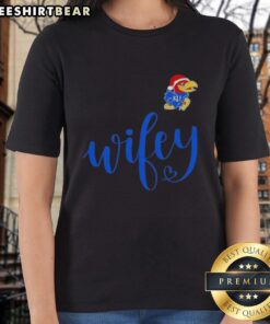 Good Wifey Kansas Jayhawks Santa Hat Merry Christmas Ladies Tee, perfect for holiday cheer and sports fans.