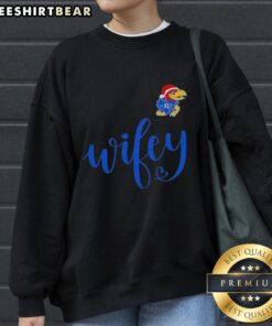 Good Wifey Kansas Jayhawks sweatshirt with Santa hat, perfect for a Merry Christmas celebration.