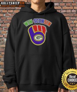 Alt Text: Cozy hoodie featuring logos of Milwaukee Brewers, Green Bay Packers, and Wisconsin Badgers, perfect for sports fans.