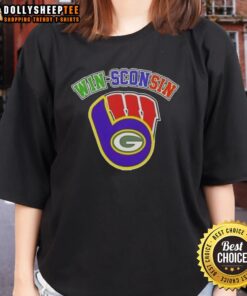 Good Wisconsin City Sports ladies tee featuring Milwaukee Brewers, Green Bay Packers, and Wisconsin Badgers logos.