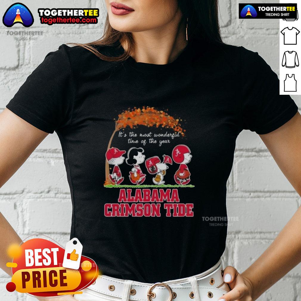 Happy Alabama Crimson Tide X Peanuts Snoopy And Friends Autumn It's The Most Wonderful Time Of The Year Ladies-Tee Happy Alabama Crimson Tide tee featuring Snoopy and friends, perfect for autumn and celebrating the season.