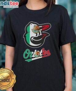 Happy Baltimore Orioles baseball ladies tee featuring a vibrant Mexican flag design, perfect for fans celebrating culture.