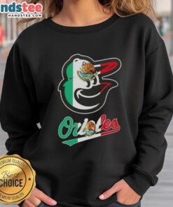 Happy Baltimore Orioles baseball sweatshirt featuring a vibrant Mexican flag design, perfect for fans and style.