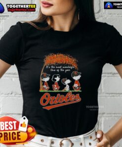 Happy Baltimore Orioles tee featuring Snoopy and friends, perfect for autumn and celebrating the most wonderful time of the year.