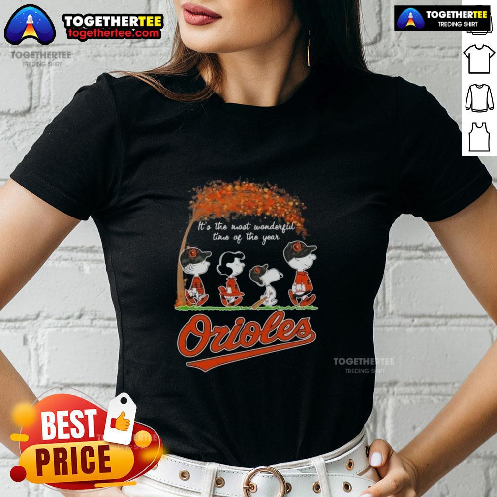 Happy Baltimore Orioles X Peanuts Snoopy And Friends Autumn It's The Most Wonderful Time Of The Year Ladies-Tee Happy Baltimore Orioles tee featuring Snoopy and friends, perfect for autumn and celebrating the most wonderful time of the year.