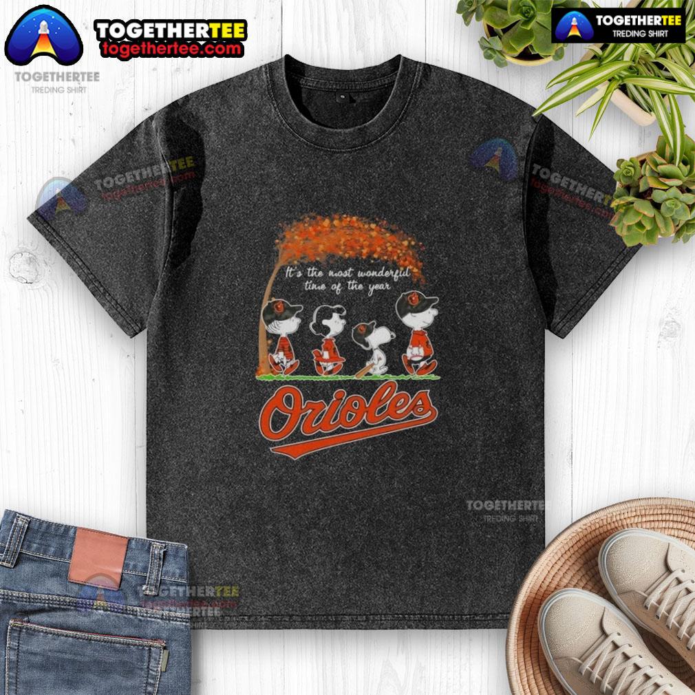 Happy Baltimore Orioles X Peanuts Snoopy And Friends Autumn It's The Most Wonderful Time Of The Year Washed T-Shirt Happy Baltimore Orioles X Peanuts Snoopy and Friends autumn t-shirt celebrating 'It's the Most Wonderful Time of the Year.'