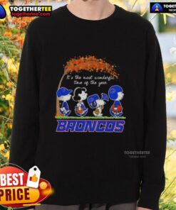 Happy Boise State Broncos sweatshirt featuring Snoopy and friends, perfect for autumn and celebrating the season.