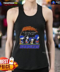 Alt Text: Happy Boise State Broncos tank top featuring Peanuts characters Snoopy and friends, celebrating autumn vibes.