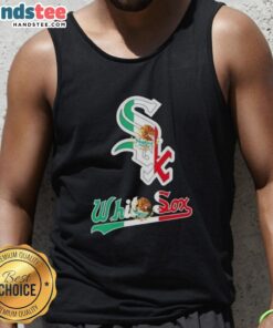 Happy Chicago White Sox baseball fan wearing a Mexican flag tank top at a game, showcasing team spirit and cultural pride.