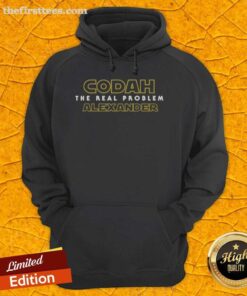Alt Text: Happy Codah wearing the Real Problem Alexander hoodie, showcasing a stylish and comfortable design perfect for casual wear.