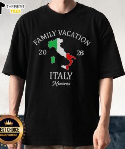 Happy family wearing matching 'Family Travel Squad' T-shirts in Italy 2026, enjoying their vacation together.