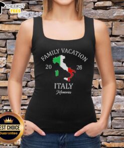 Happy family wearing 'Family Travel Squad' tank tops enjoying a vacation in Italy, capturing joyful moments together.