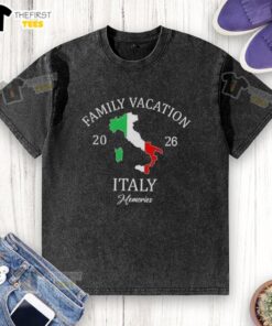 Happy family vacationing in Italy, wearing matching washed t-shirts, captured in 2026. Perfect for family travel squad memories.