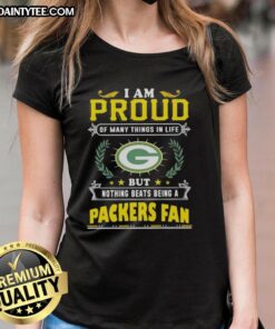 Happy Green Bay Packers fan wearing a proud ladies tee celebrating team spirit and passion for football.