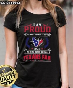 Happy Houston Texans fan wearing a proud ladies tee showcasing team spirit and love for the game.