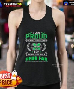 Alt Text: Proud Marshall Thundering Herd fan wearing a tank top celebrating their love for the team and life achievements.