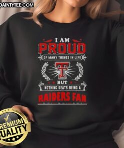 Alt Text: Happy Texas Tech Red Raiders fan wearing a proud sweatshirt, showcasing team spirit and enthusiasm for college sports.