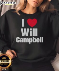 Happy person wearing a 'I Love Will Campbell' New England Patriots sweatshirt, showcasing team spirit and style.