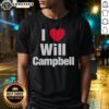 Alt Text: Happy fan wearing a I Love Will Campbell New England Patriots T-shirt, showcasing team spirit and support.