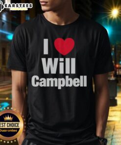 Alt Text: Happy fan wearing a I Love Will Campbell New England Patriots T-shirt, showcasing team spirit and support.