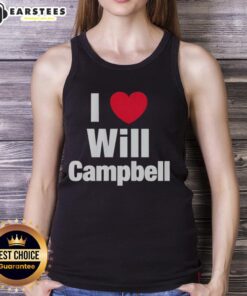 Happy woman wearing a 'I Love Will Campbell' New England Patriots tank top, showcasing team spirit and enthusiasm.