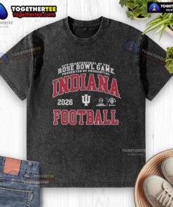 Happy fans wearing Indiana Hoosiers washed t-shirts celebrate at the 2026 CFP Quarterfinals at the Rose Bowl.