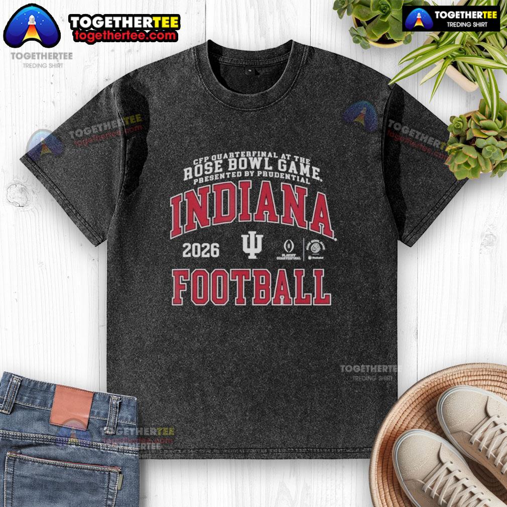 Happy Indiana Hoosiers CFP Quarterfinal At The Rose Bowl Game 2026 Presented By Prudential Washed T-Shirt Happy fans wearing Indiana Hoosiers washed t-shirts celebrate at the 2026 CFP Quarterfinals at the Rose Bowl.