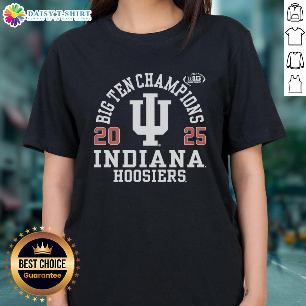 Happy Indiana Hoosiers Logo Big Ten Football Champions 2025 Ladies Tee Alt Text: Happy Indiana Hoosiers logo on a ladies tee celebrating Big Ten Football Champions 2025.
