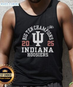 Happy Indiana Hoosiers Logo on a 2025 Big Ten Football Champions tank top, showcasing team spirit and pride.