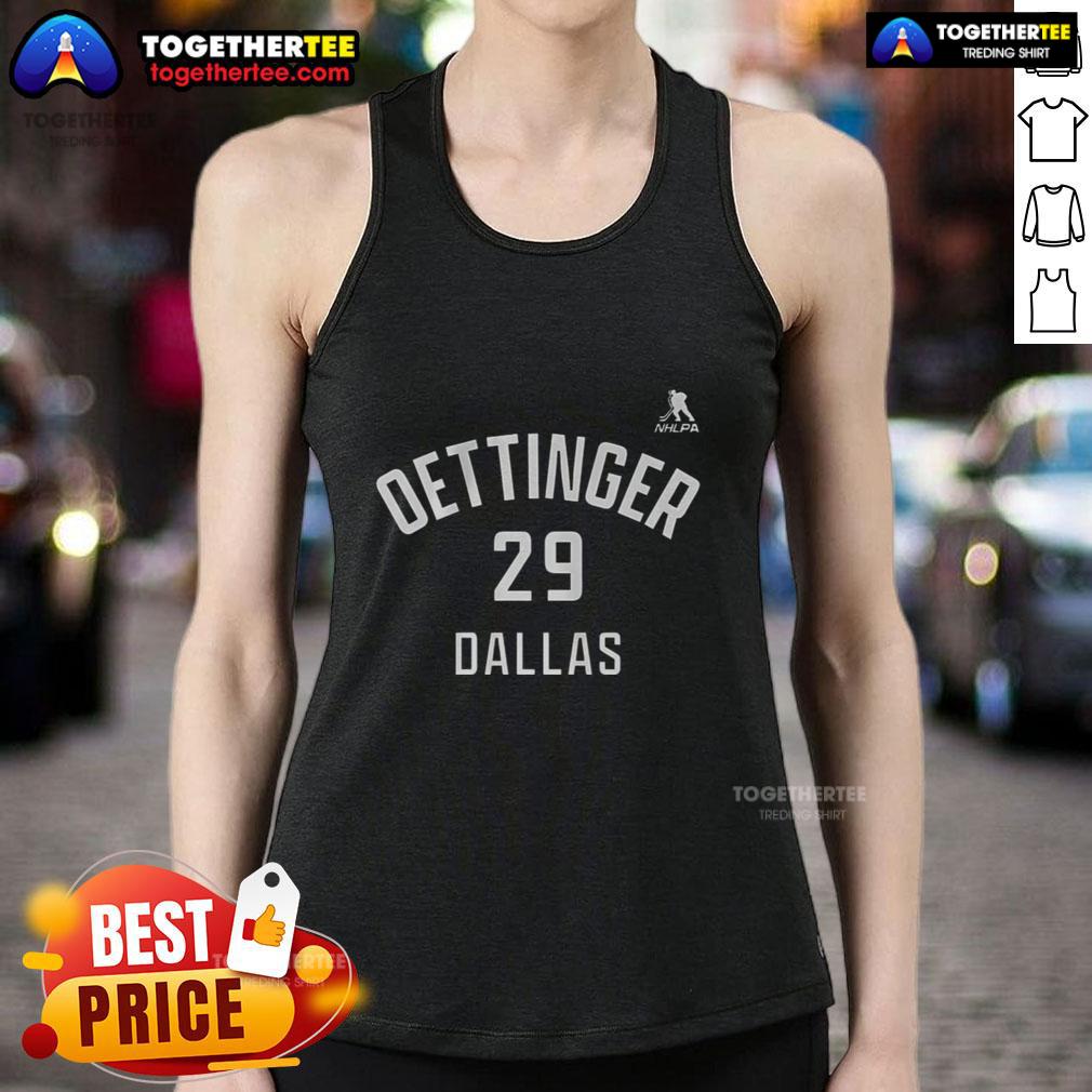 Happy Jake Oettinger Dallas Stars Ice Hockey Name And Number 29 Tank Top Happy Jake Oettinger wearing a Dallas Stars tank top with number 29, showcasing team spirit in ice hockey.