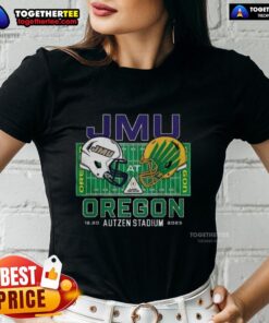 Happy James Madison Dukes vs Oregon Ducks NCAA CFP 2025 Autzen Field helmet on a ladies tee shirt design.