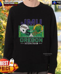 Alt Text: Happy James Madison Dukes vs Oregon Ducks NCAA CFP 2025 sweatshirt featuring Autzen Field helmet design.