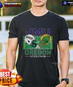 Happy James Madison Dukes vs Oregon Ducks NCAA CFP 2025 Autzen Field helmet t-shirt featuring team logos and vibrant colors.