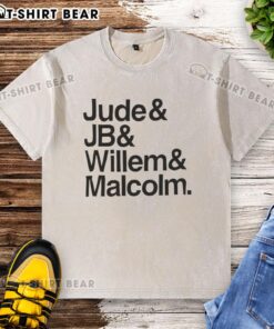 Happy Jude, JB, Willem, and Malcolm wearing washed t-shirts, showcasing vibrant colors and cheerful expressions.