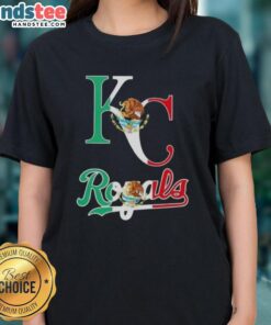 Alt Text: Happy Kansas City Royals baseball ladies tee featuring colorful Mexican flag design for fans.