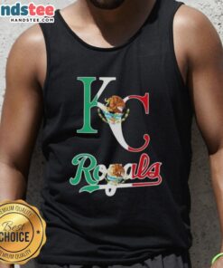 Happy Kansas City Royals baseball fan wearing a Mexican flag tank top, celebrating team spirit and cultural pride.
