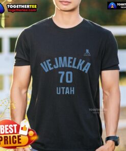 Happy Karel Vejmelka Utah Mammoth Ice Hockey T-Shirt featuring name and number 70 design, perfect for fans.