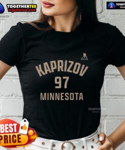Alt Text: Happy Kirill Kaprizov wearing Minnesota Wild jersey with name and number 97 on a ladies tee, showcasing team spirit.