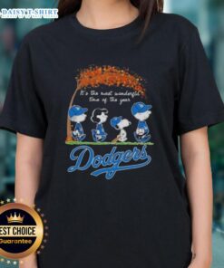 Happy Los Angeles Dodgers X Peanuts Snoopy and Friends ladies tee celebrating autumn as the most wonderful time of the year.