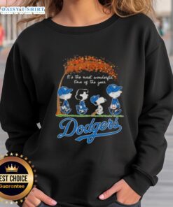 Happy Los Angeles Dodgers X Peanuts Snoopy and Friends sweatshirt celebrating autumn and the joy of the season.