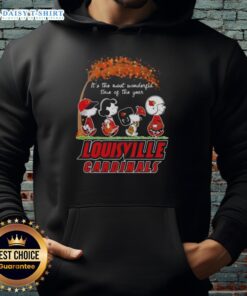 Happy Louisville Cardinals X Peanuts Snoopy hoodie celebrating autumn and the joy of the season in vibrant colors.