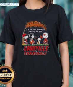 Happy Louisville Cardinals X Peanuts Snoopy and Friends autumn tee for women, celebrating the most wonderful time of the year.
