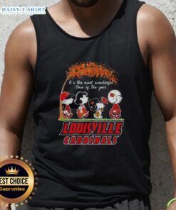 Happy Louisville Cardinals tank top featuring Peanuts, Snoopy, and friends, perfect for autumn celebrations.