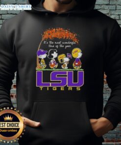 Happy LSU Tigers hoodie featuring Peanuts' Snoopy and friends celebrating autumn's wonderful season.