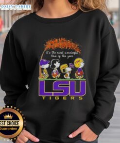 Happy LSU Tigers sweatshirt featuring Snoopy and friends, celebrating autumn and the joy of the season.