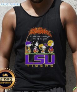 Happy LSU Tigers tank top featuring Peanuts Snoopy and friends, celebrating autumn's most wonderful time of the year.