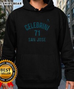 Alt Text: Happy Macklin Celebrini San Jose Sharks hoodie with name and number 71, showcasing team spirit and style.