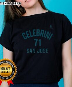 Alt Text: Happy Macklin Celebrini San Jose Sharks ice hockey ladies tee with name and number 71, featuring vibrant team colors.