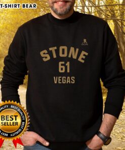 Happy Mark Stone Vegas Golden Knights sweatshirt featuring name and number 61, perfect for ice hockey fans.