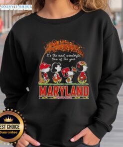 Alt Text: Happy Maryland Terrapins sweatshirt featuring Snoopy and friends, perfect for autumn and holiday celebrations.